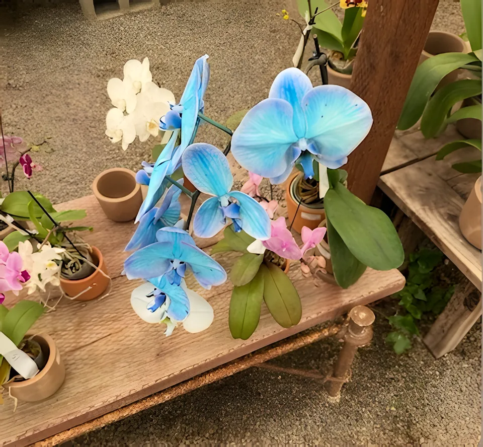 Upscaled: blue orchids on a wooden table