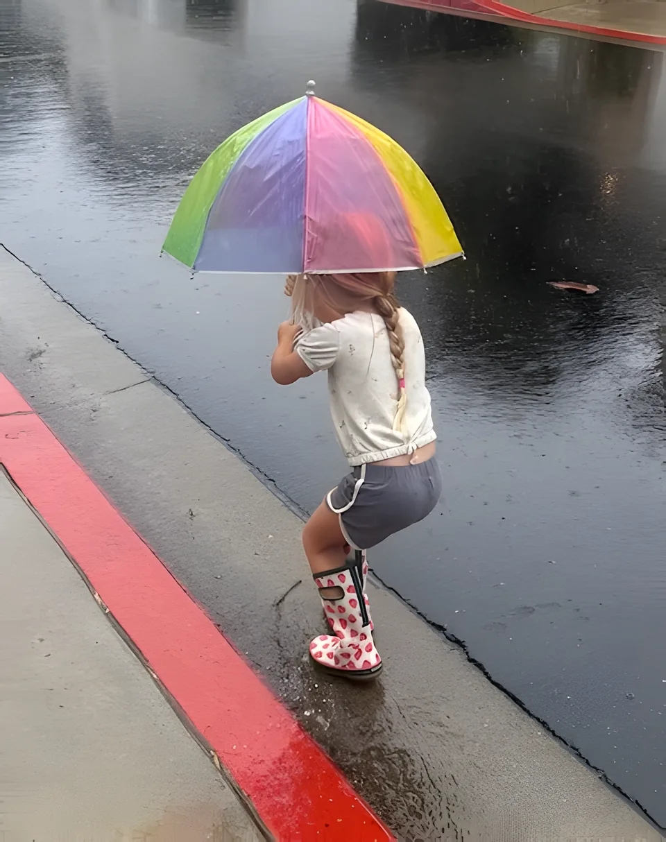 Upscaled: child with a rainbow umbrella on a wet street