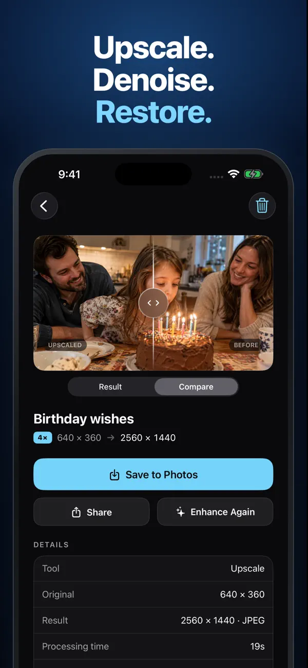 App Store screenshot: Upscale result with before-and-after slider and Save, Share, and Enhance Again controls