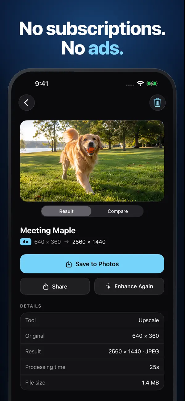 App Store screenshot: saved Upscale result for a dog photo