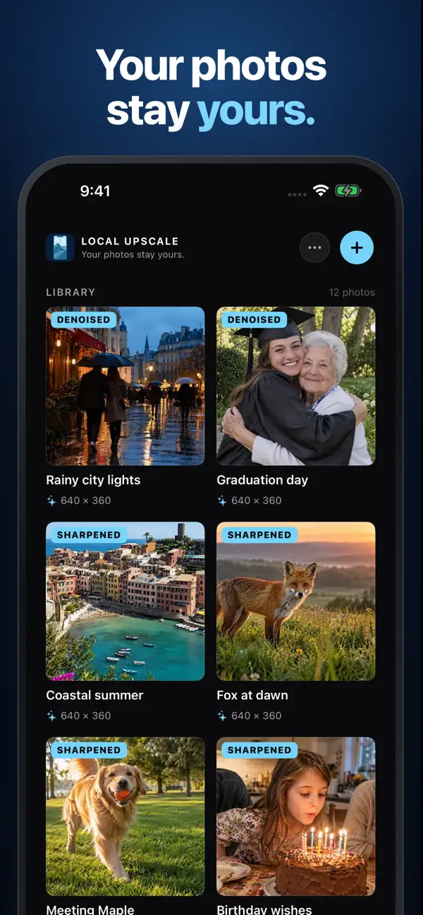 App Store screenshot: library of enhanced photos