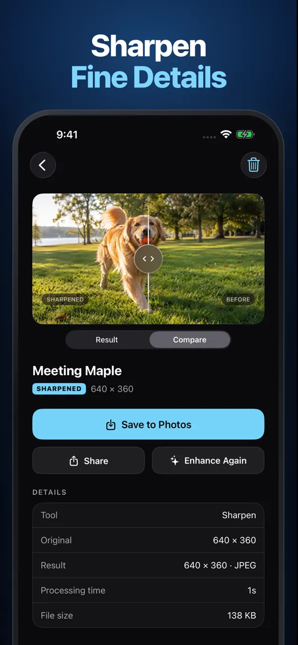 App Store screenshot: Sharpen result with before-and-after slider